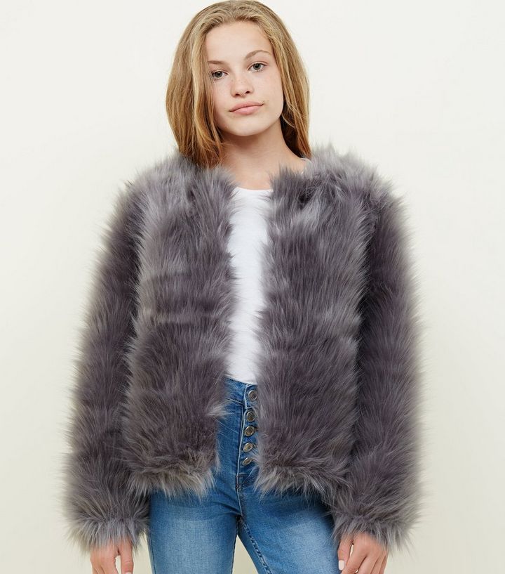 Girls Grey Faux Fur Jacket New Look Girls Grey Faux Fur Jacket The Look
