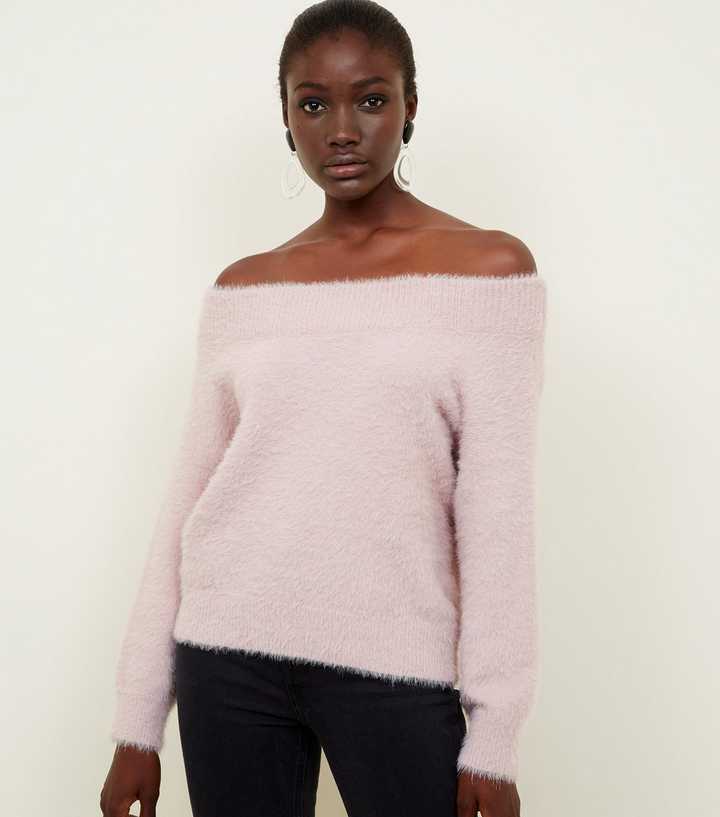 Pale Pink Fluffy Bardot Jumper