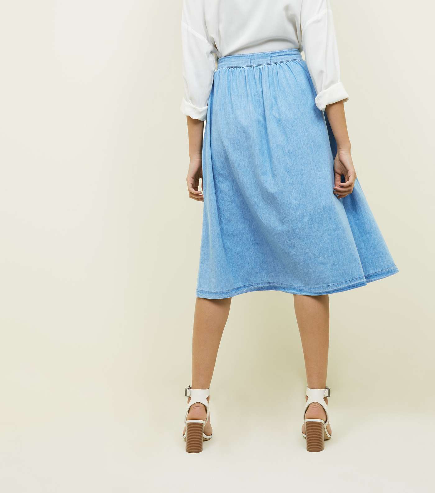 Pale Blue Button Front Denim Midi Skirt Image 3