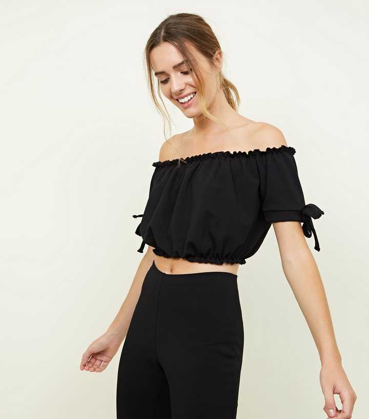 Black Tie Sleeve Gathered Bardot Crop Top