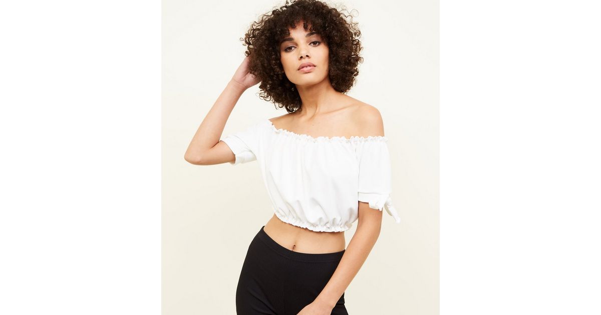 Off White Sleeve Gathered Bardot Crop Top New