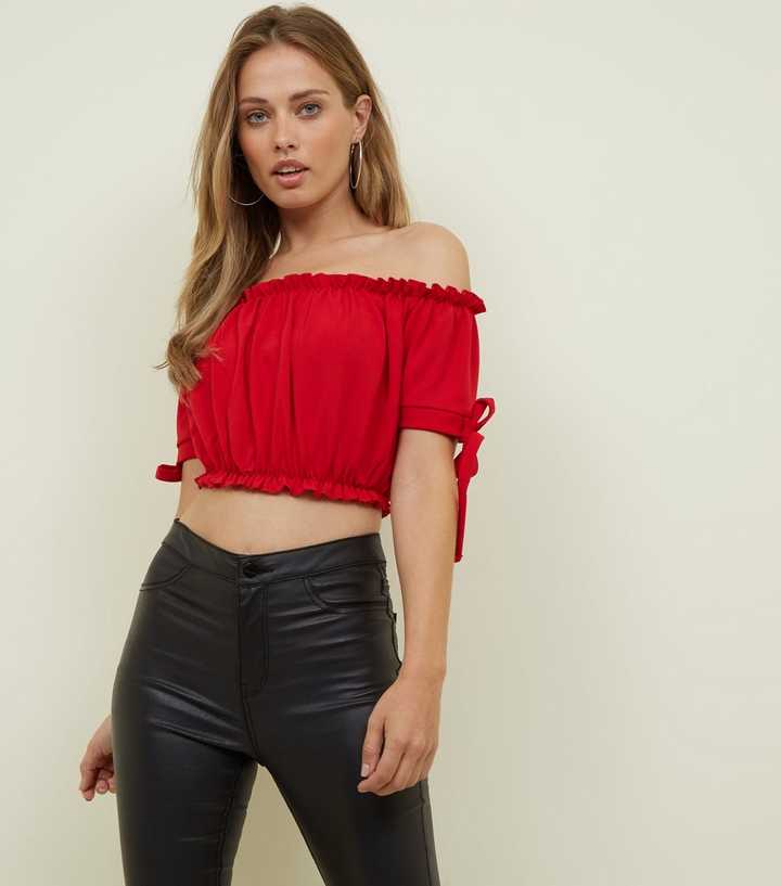 Red Tie Sleeve Gathered Bardot Crop Top