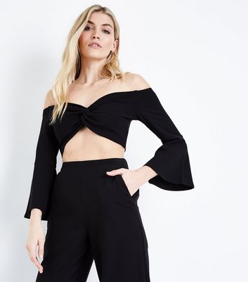 Black Twist Front Bell Sleeve Crop Top 