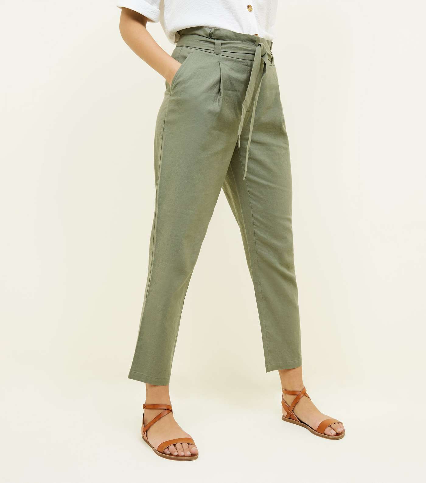 Khaki Linen Blend Paperbag Trousers Image 2