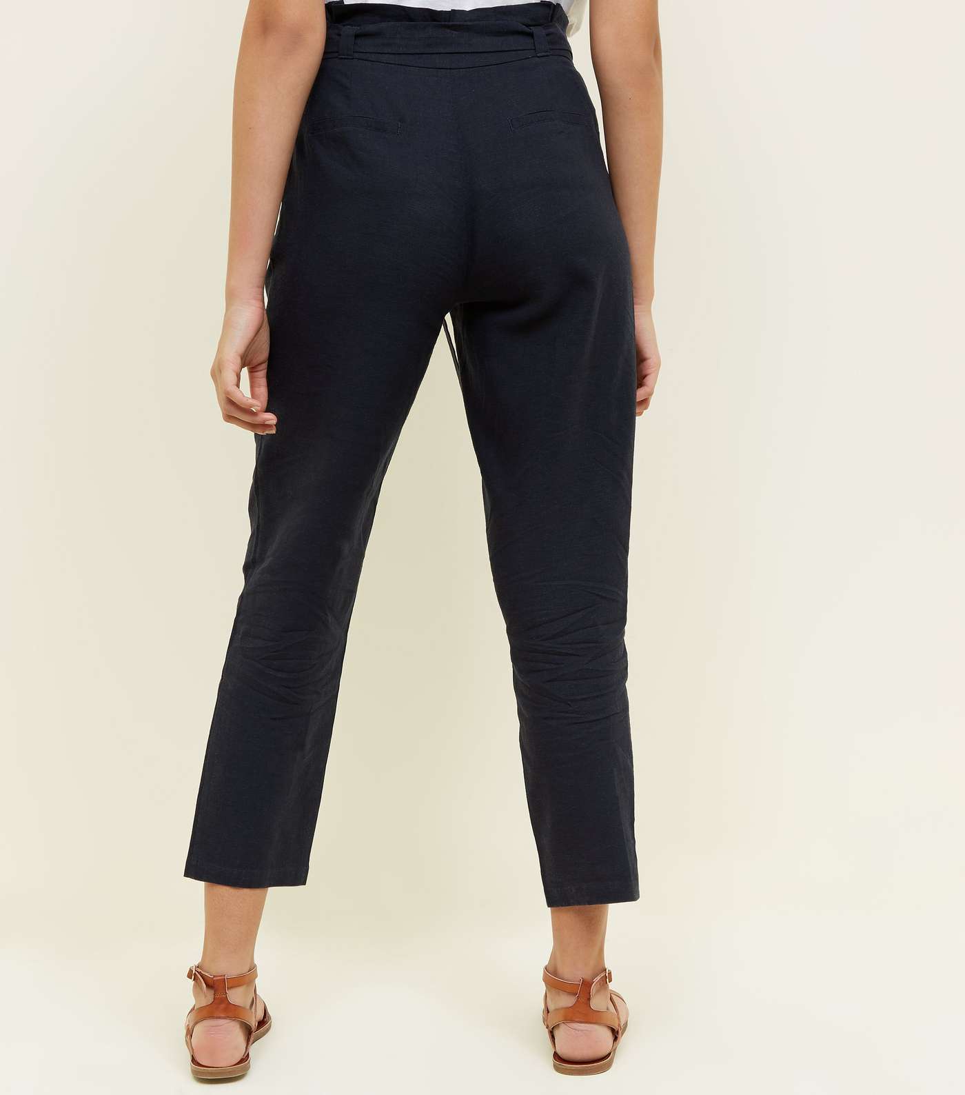 Navy Linen Blend Paperbag Trousers Image 3