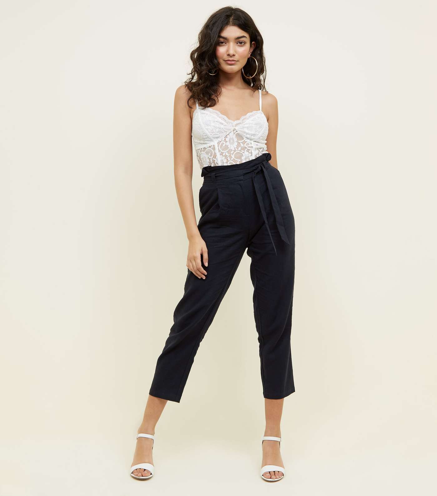 Navy Linen Blend Paperbag Trousers Image 5