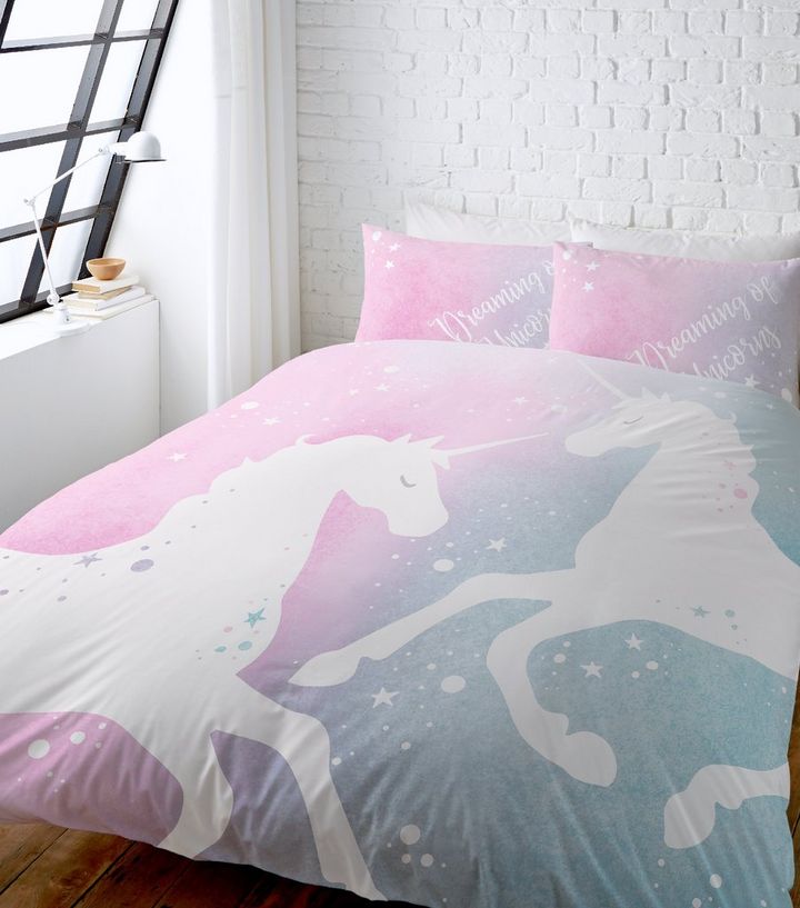 Pink Unicorn Print Cotton Double Duvet Set New Look