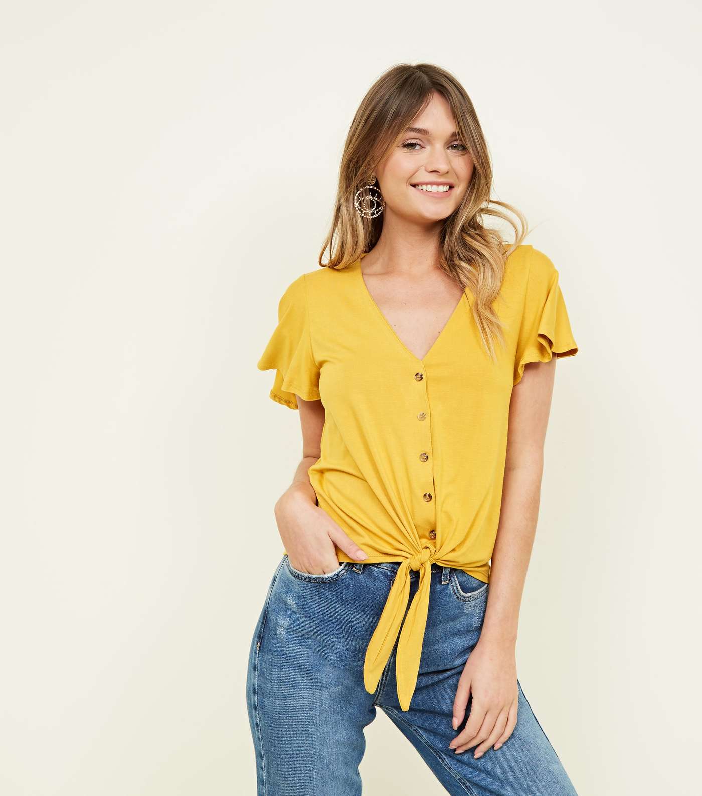Mustard  Yellow Tie Button Front Top
