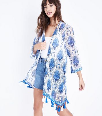 Kimono Long Imprimé Floral Bleu/noir – Caftan Plage Ibiza, été