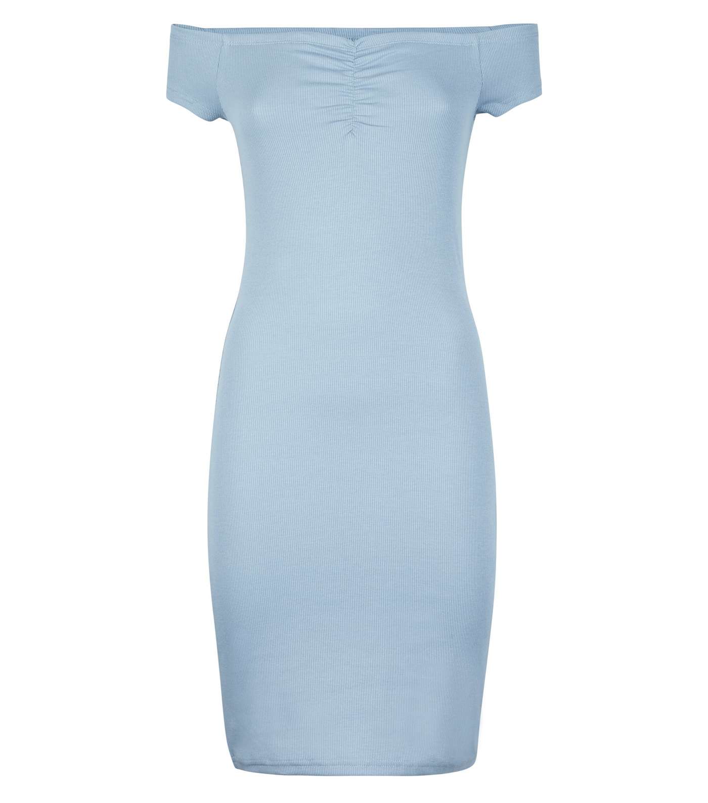 Pale Blue Ruched Bardot Bodycon Dress Image 4