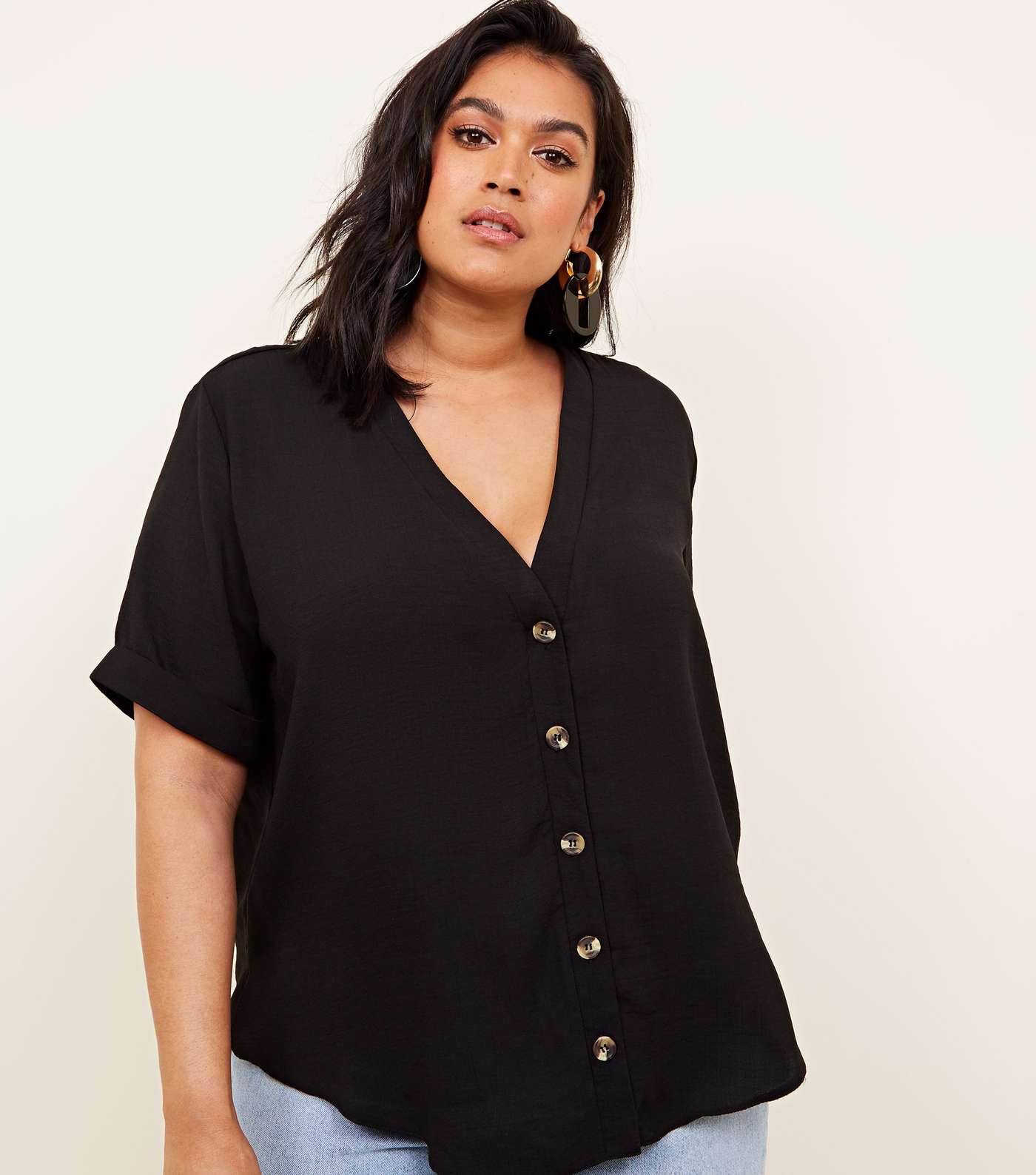 Curves Black Button Front Boxy Shirt