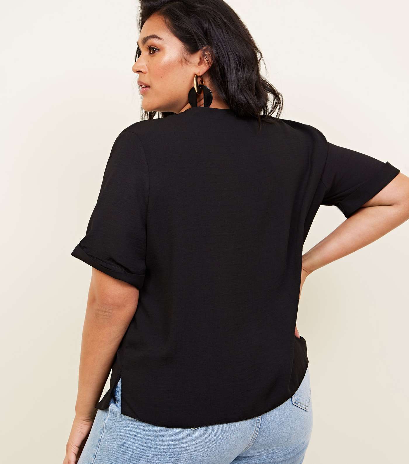 Curves Black Button Front Boxy Shirt Image 3
