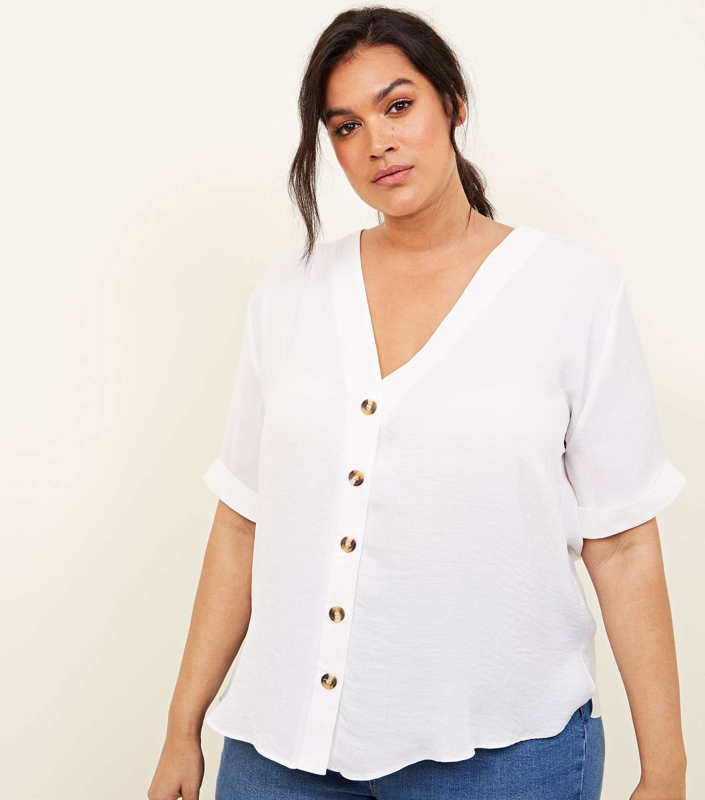 Curves Off White Button Front Boxy Shirt