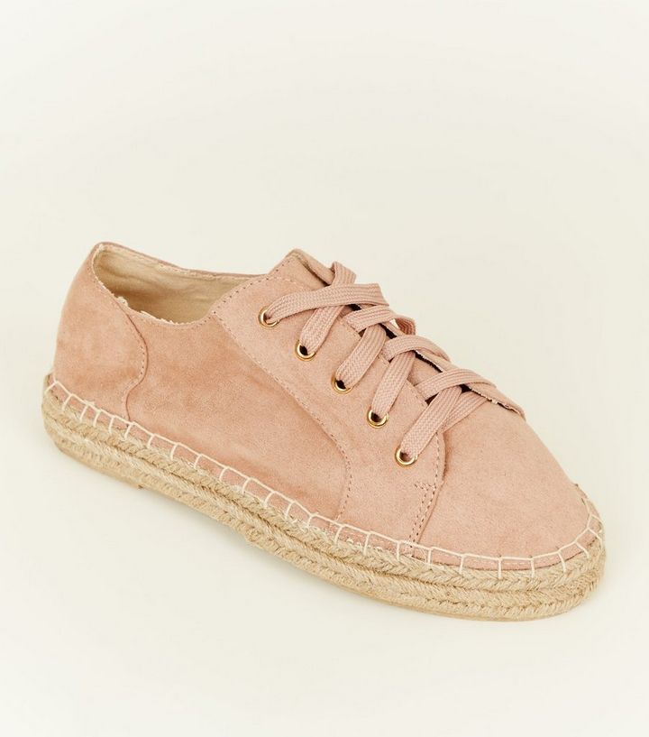 Wide Fit Nude Suedette Lace Up Espadrille Trainers New Look