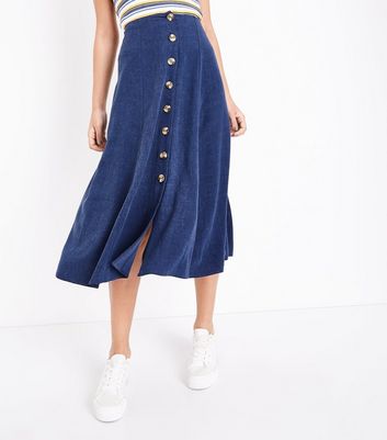 navy button front skirt