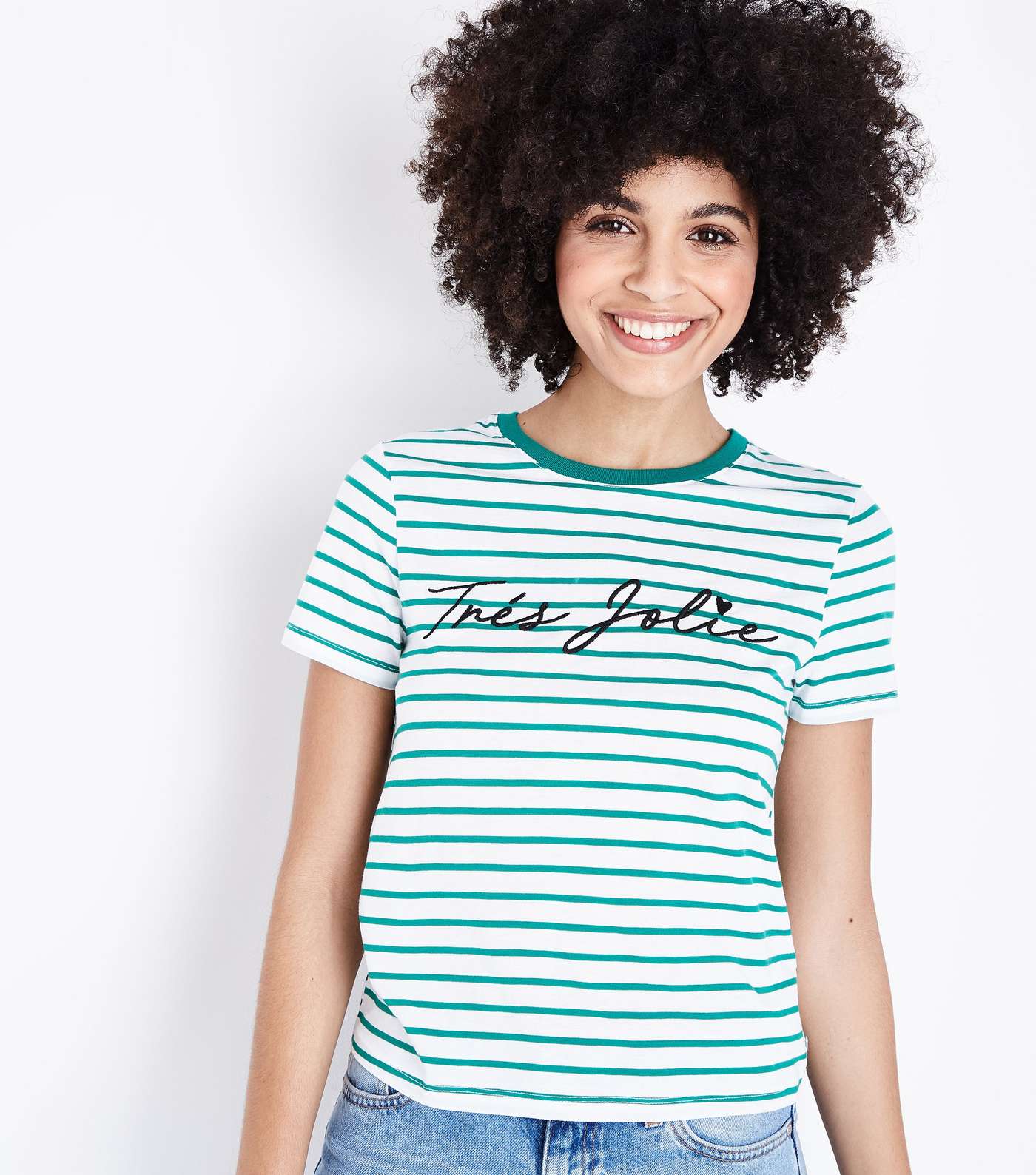 Green Stripe Tres Jolie Embroidered T-Shirt