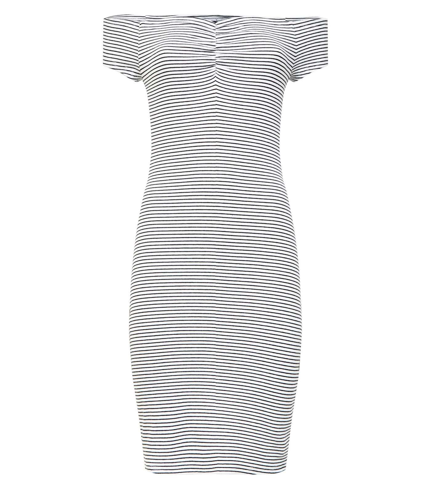Off White Stripe Ruched Bardot Bodycon Dress Image 4