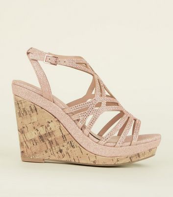 Rose Gold Glitter Strappy Cork Wedges 