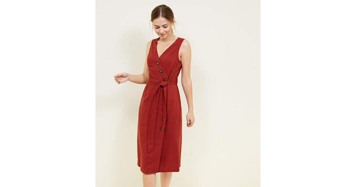 Red Linen Blend Button Up Midi Wrap Dress New Look 0349