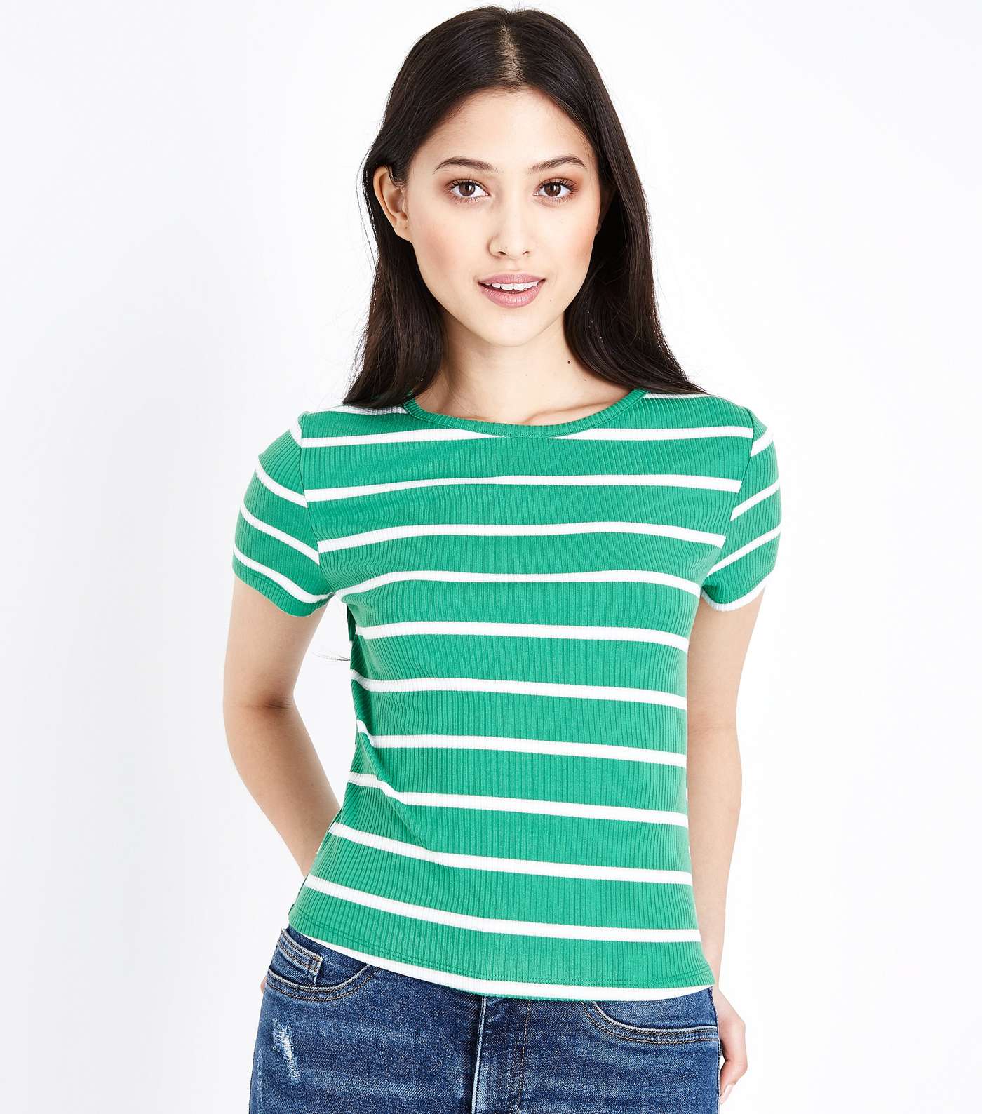 Petite Green Stripe Ribbed T-Shirt 