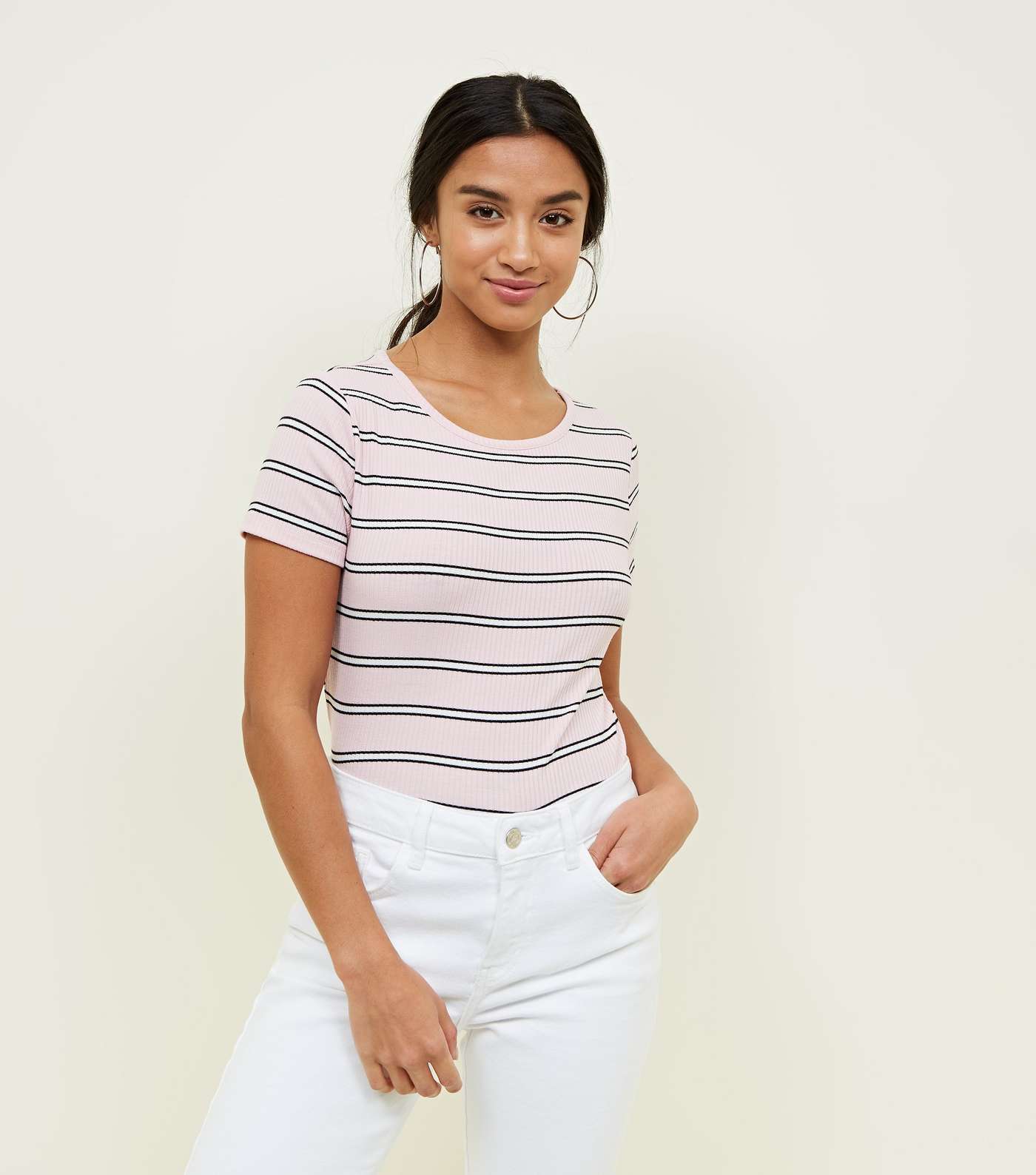 Petite Pink Stripe Ribbed T-Shirt 