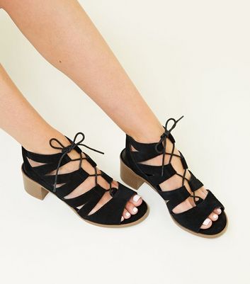 black suedette low block heel ghillie sandals