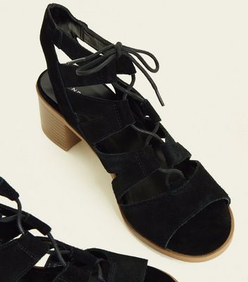 black suedette low block heel ghillie sandals