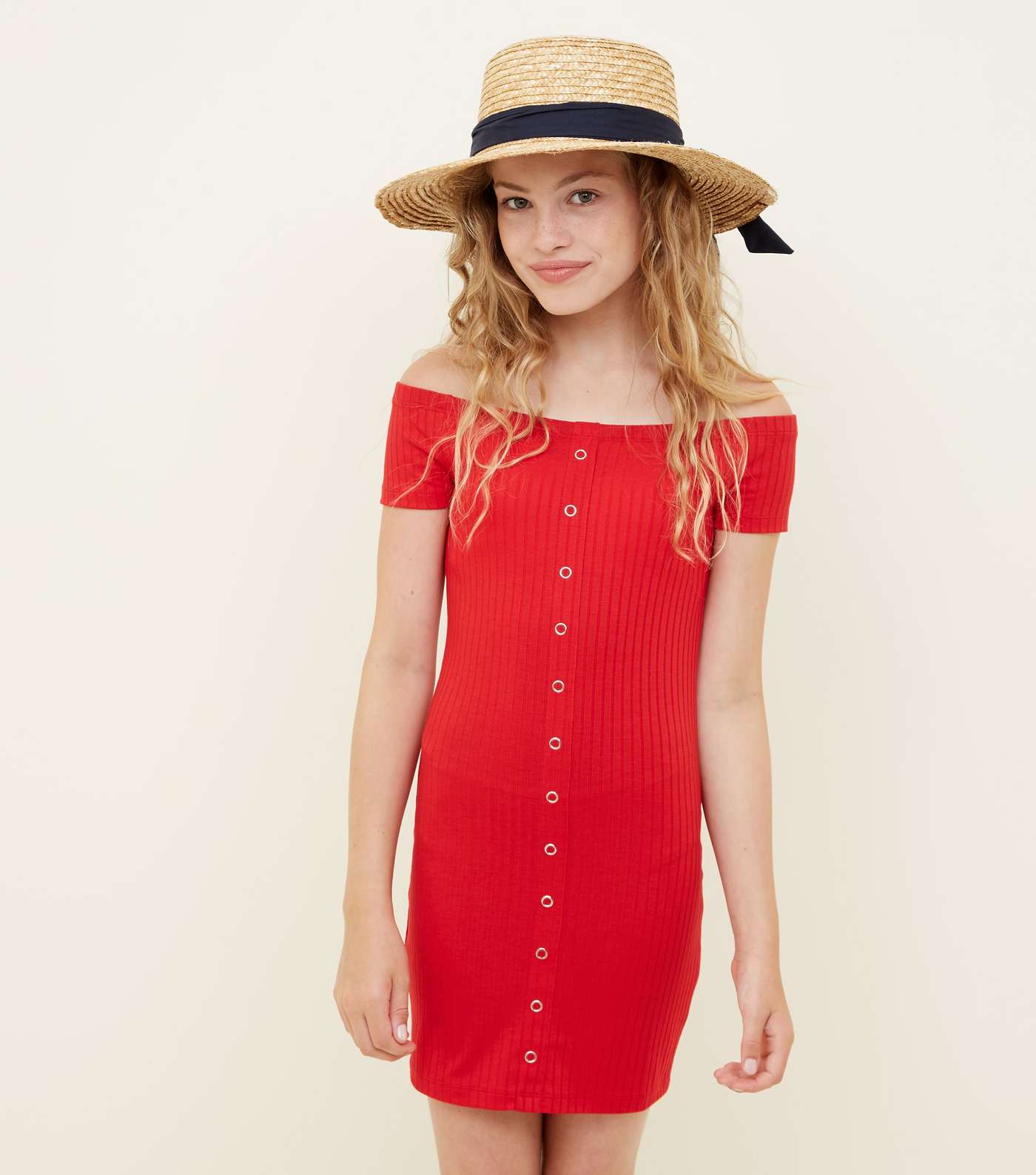 Girls Red Ribbed Bardot Bodycon Dress