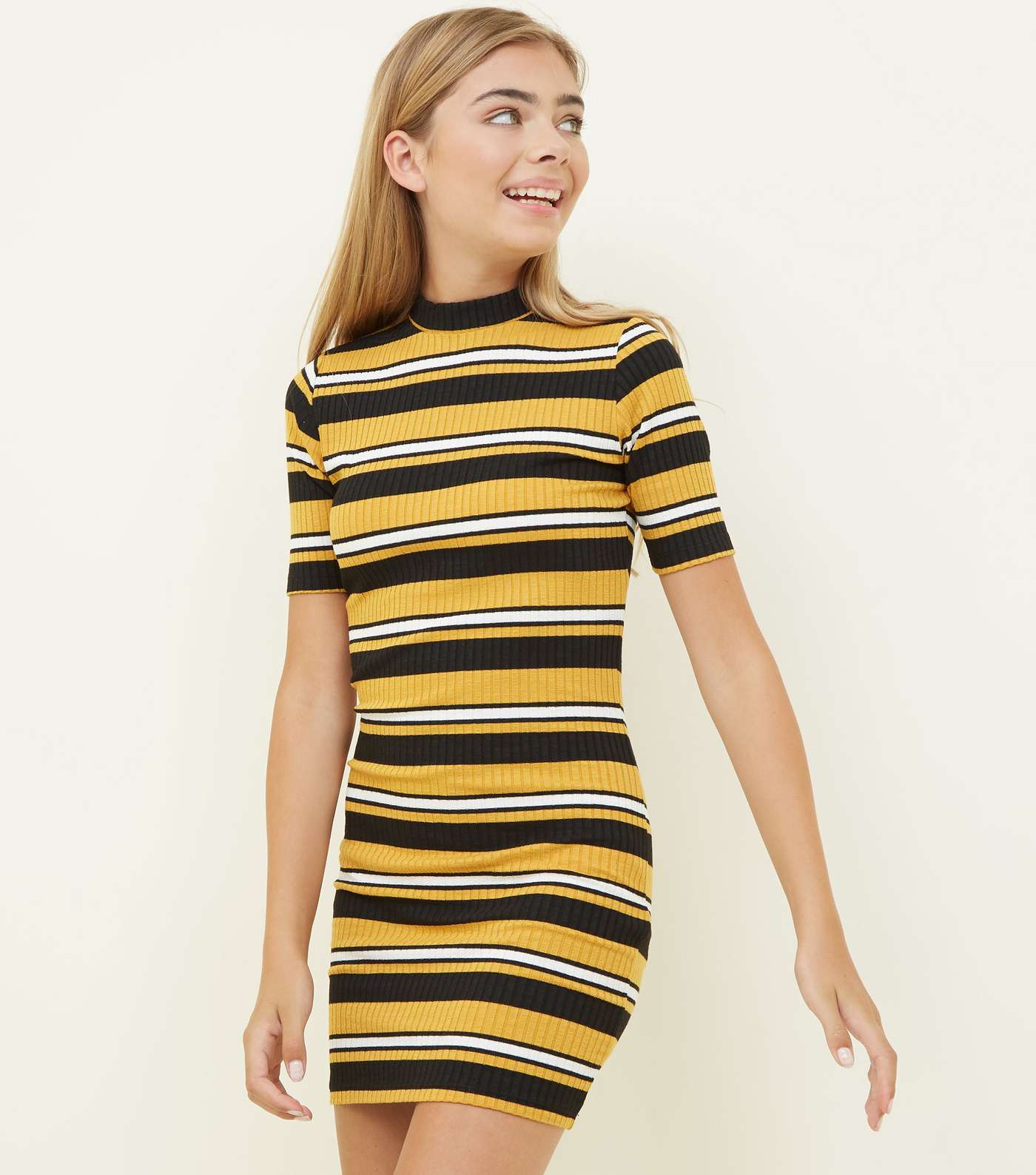 Girls Yellow Stripe High Neck Bodycon Dress