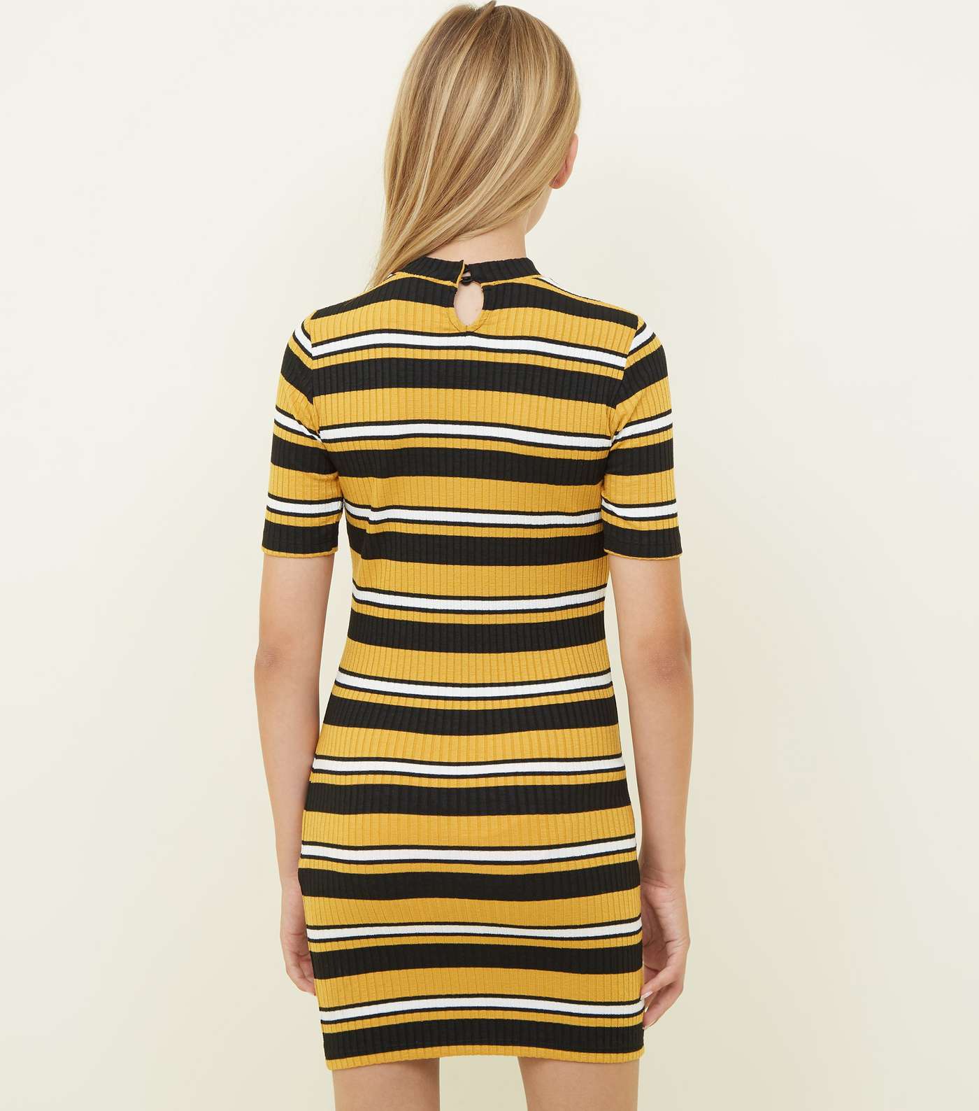 Girls Yellow Stripe High Neck Bodycon Dress Image 3