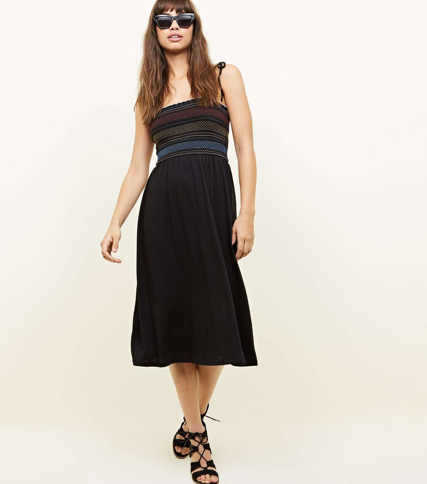 Black Contrast Stitch Shirred Midi Dress