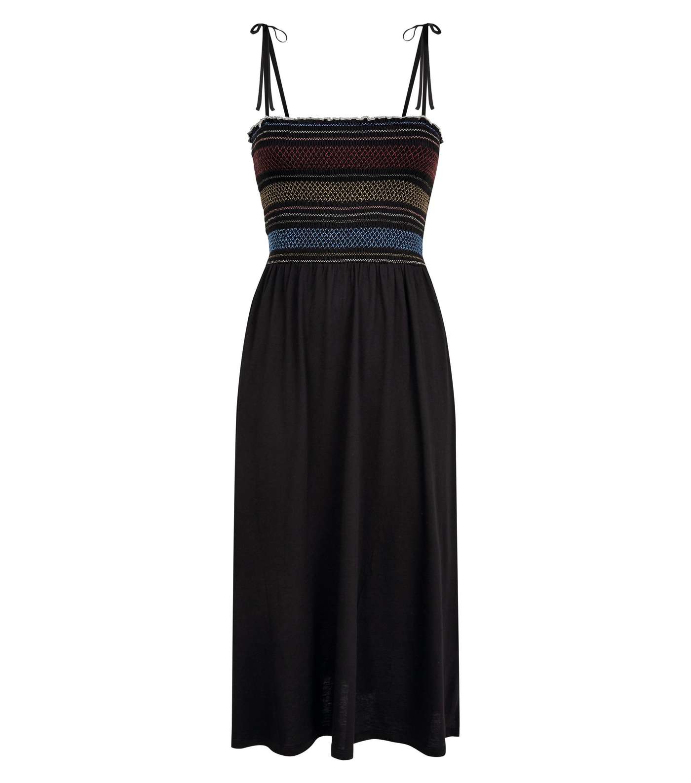 Black Contrast Stitch Shirred Midi Dress Image 3