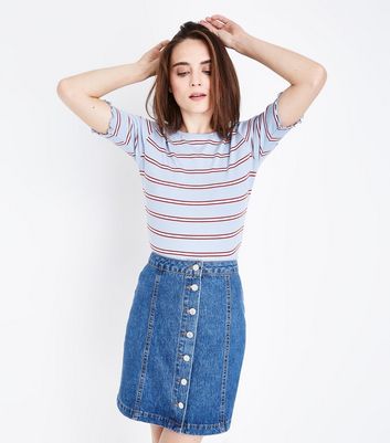 Blue Stripe Frill Edge T-Shirt | New Look