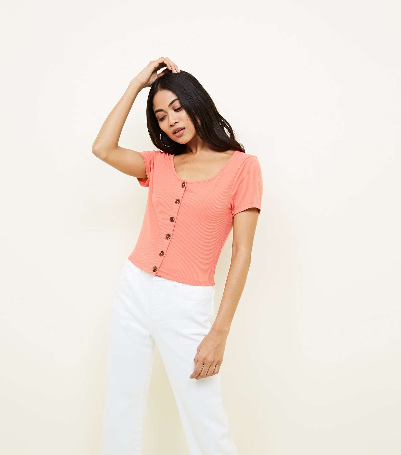Petite Coral Ribbed Button Front T-Shirt