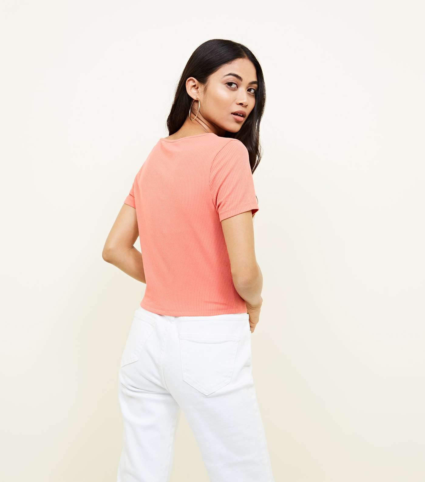 Petite Coral Ribbed Button Front T-Shirt Image 3