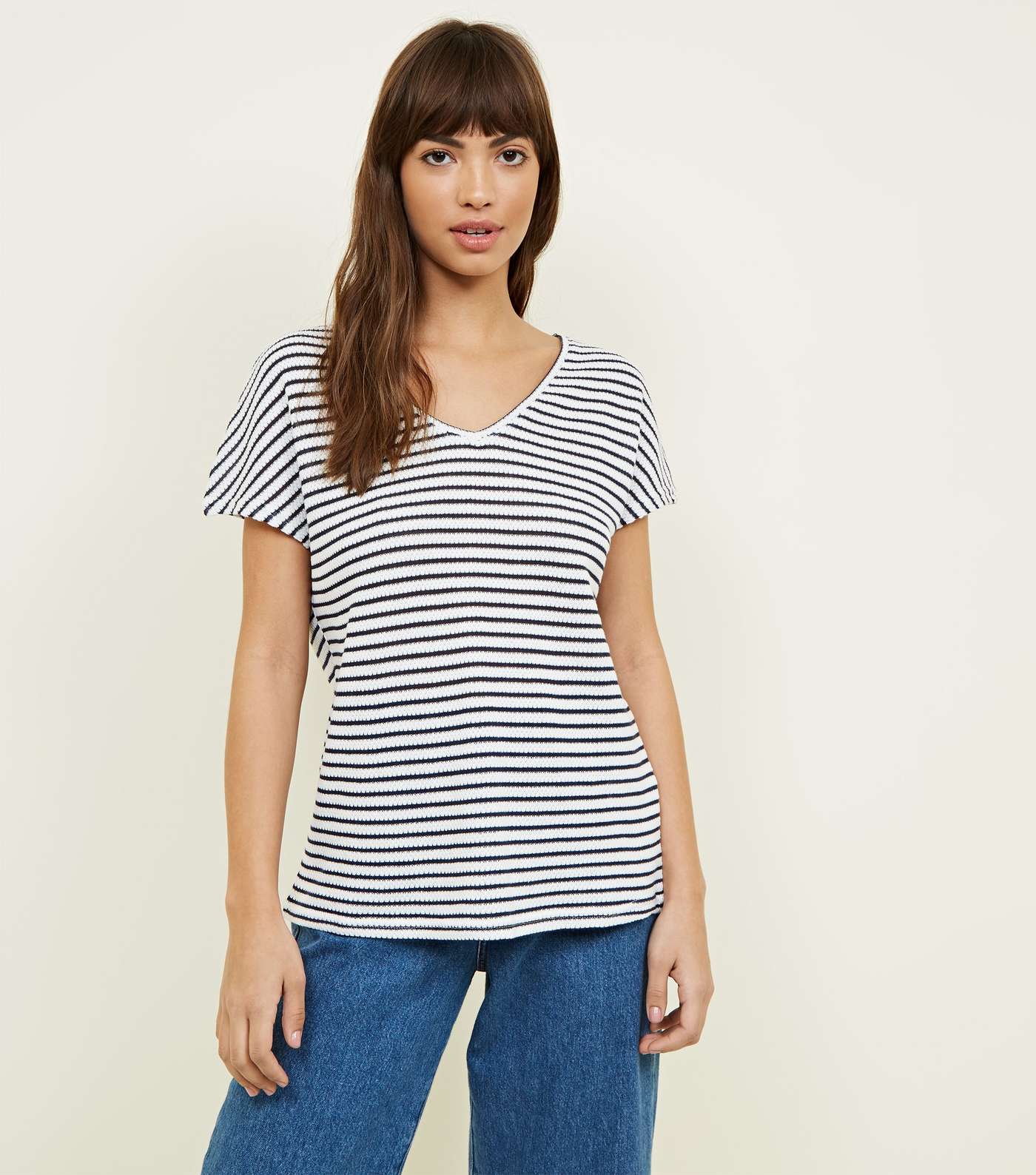 White Stripe Fine Knit V Neck T-Shirt