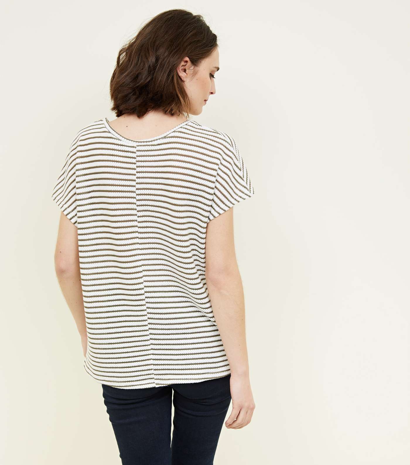 Khaki Stripe Fine Knit V Neck T-Shirt Image 3