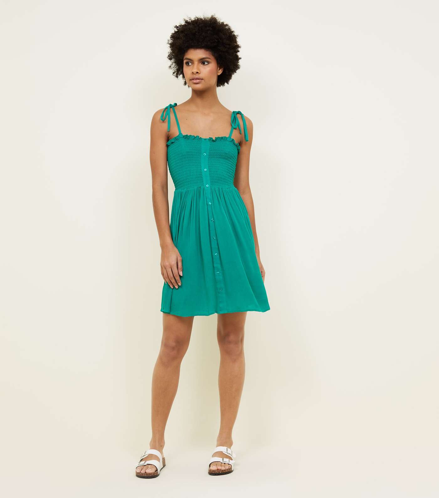 Green Shirred Button Front Sundress Image 2