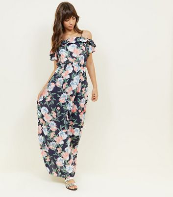 Navy Floral Pom-Pom Trim Cold Shoulder Maxi Dress | New Look