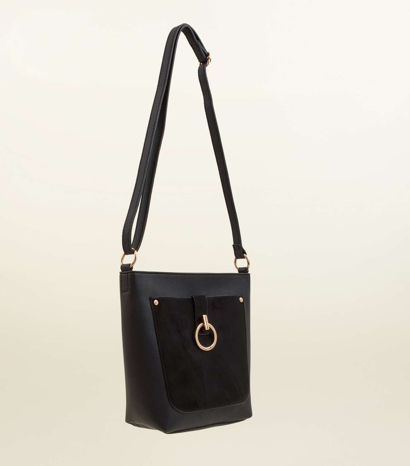 Black Suedette Ring Front Bucket Bag Image 4