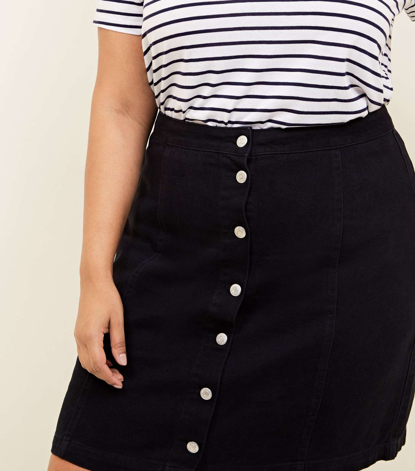 Curves Black Button Front Denim Skirt  Image 5