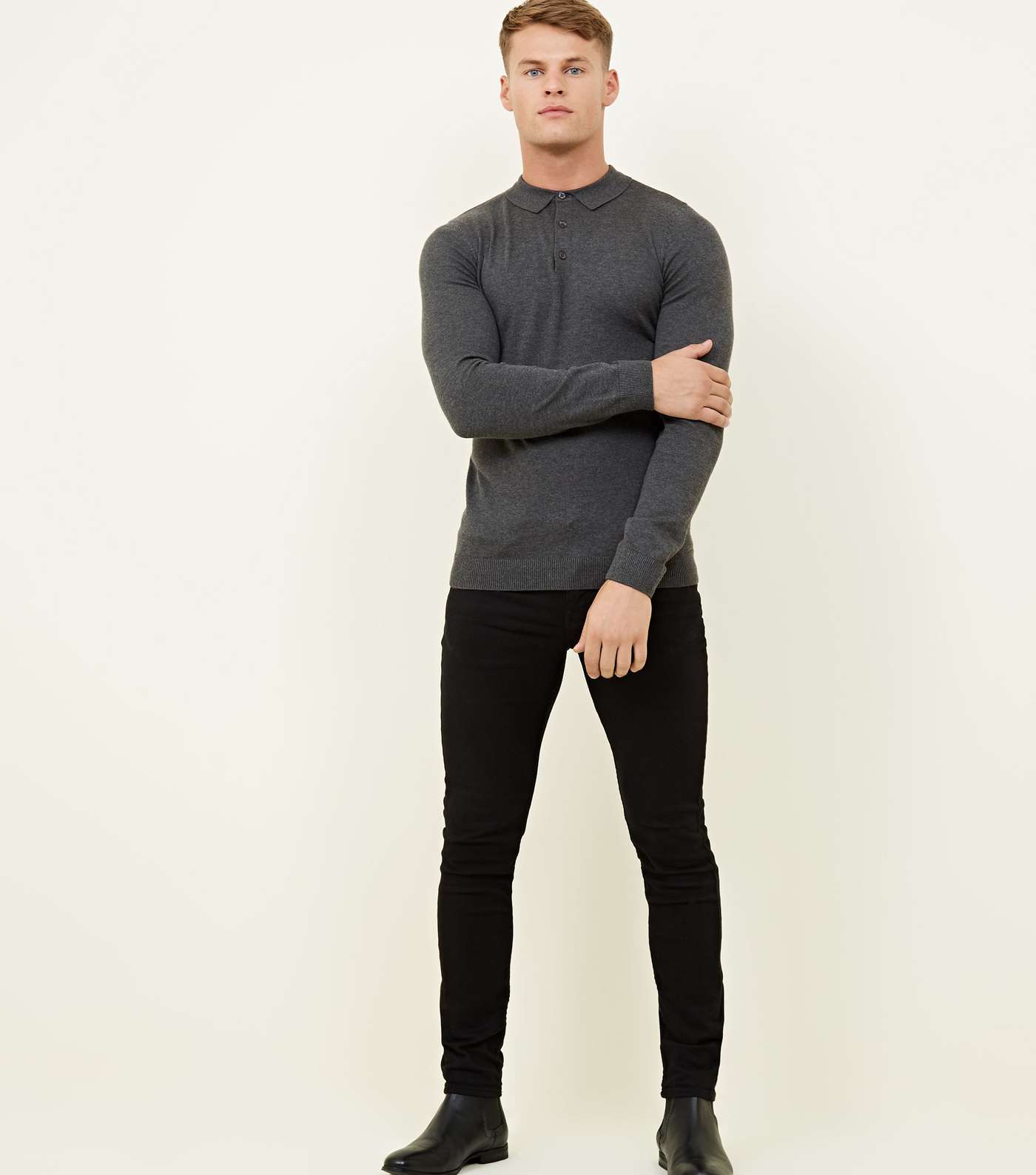 Dark Grey Long Sleeve Muscle Fit Knit Polo Shirt Image 2
