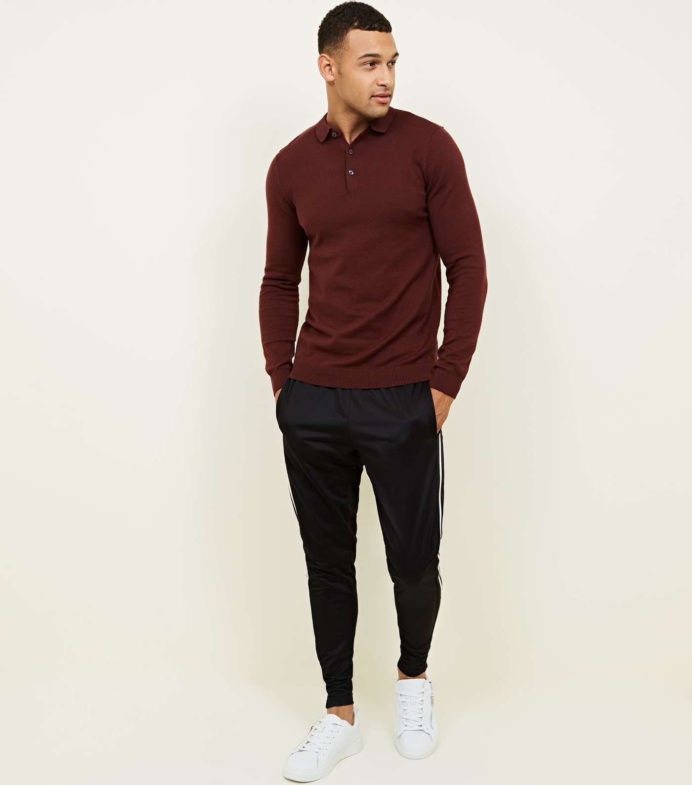 Burgundy Muscle Fit Long Sleeve Knit Polo Shirt Image 2