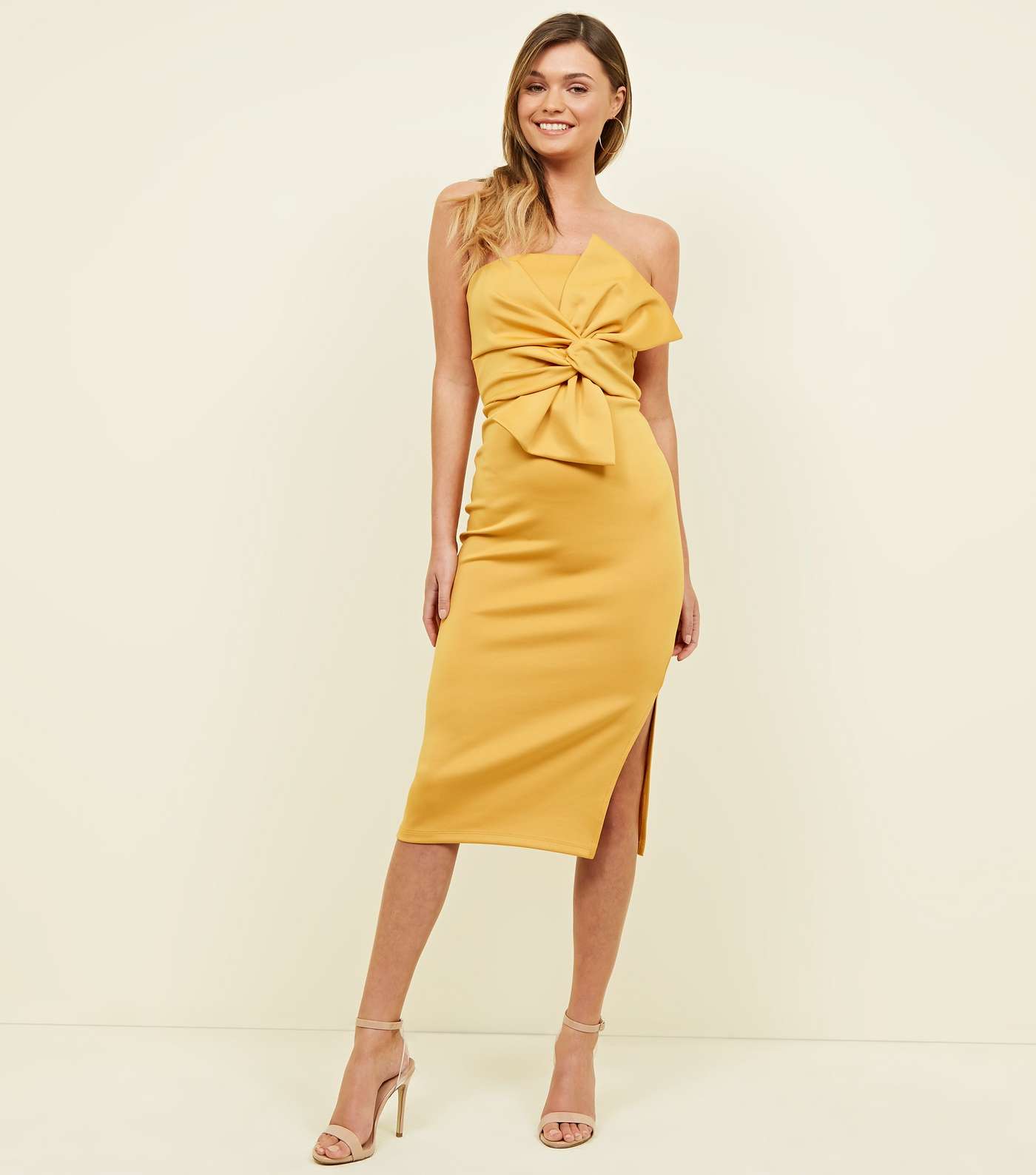 Mustard Strapless Bow Front Midi Dress Image 2