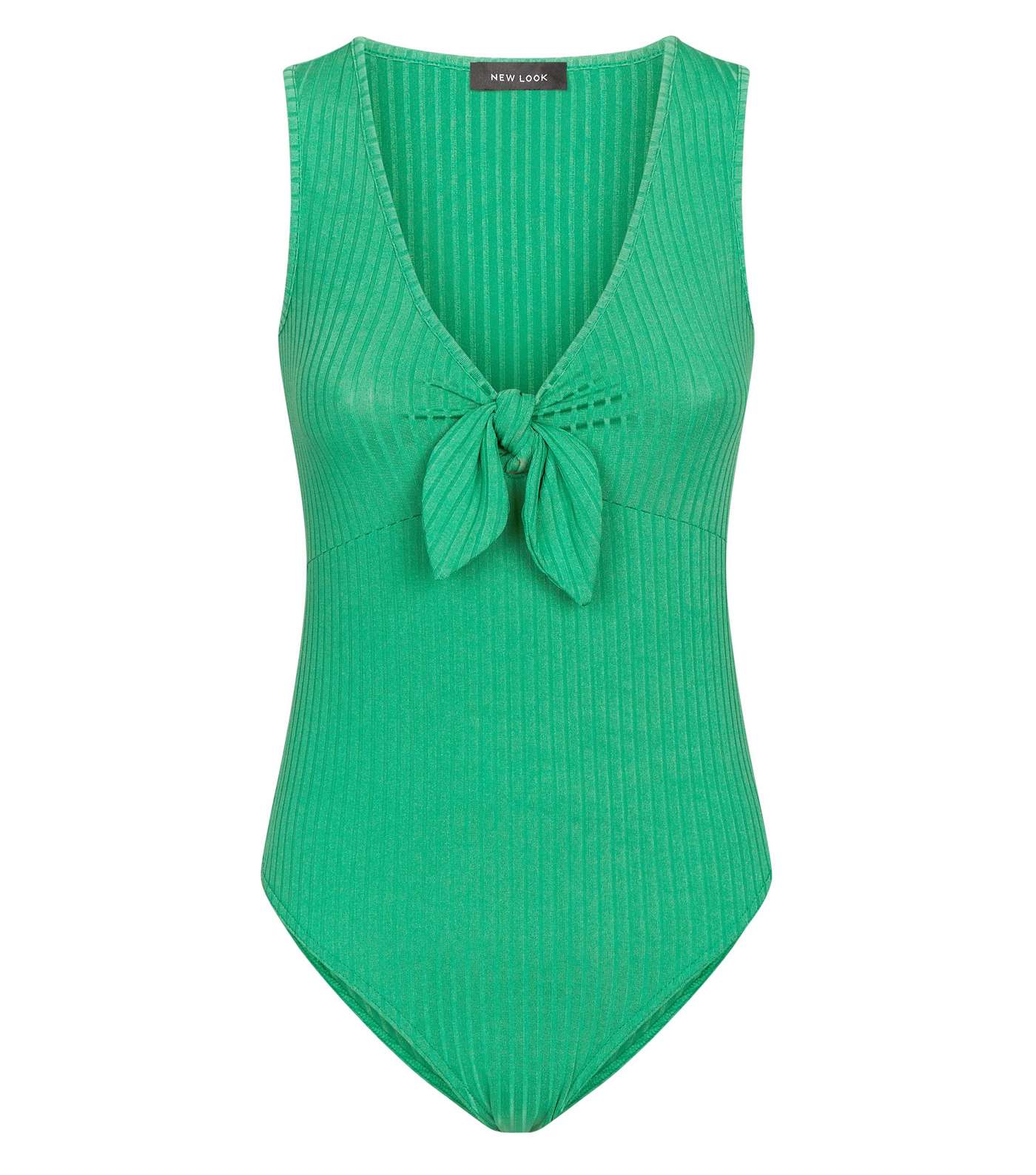 Green Ribbed Tie Front Sleeveless Bodysuit Image 4