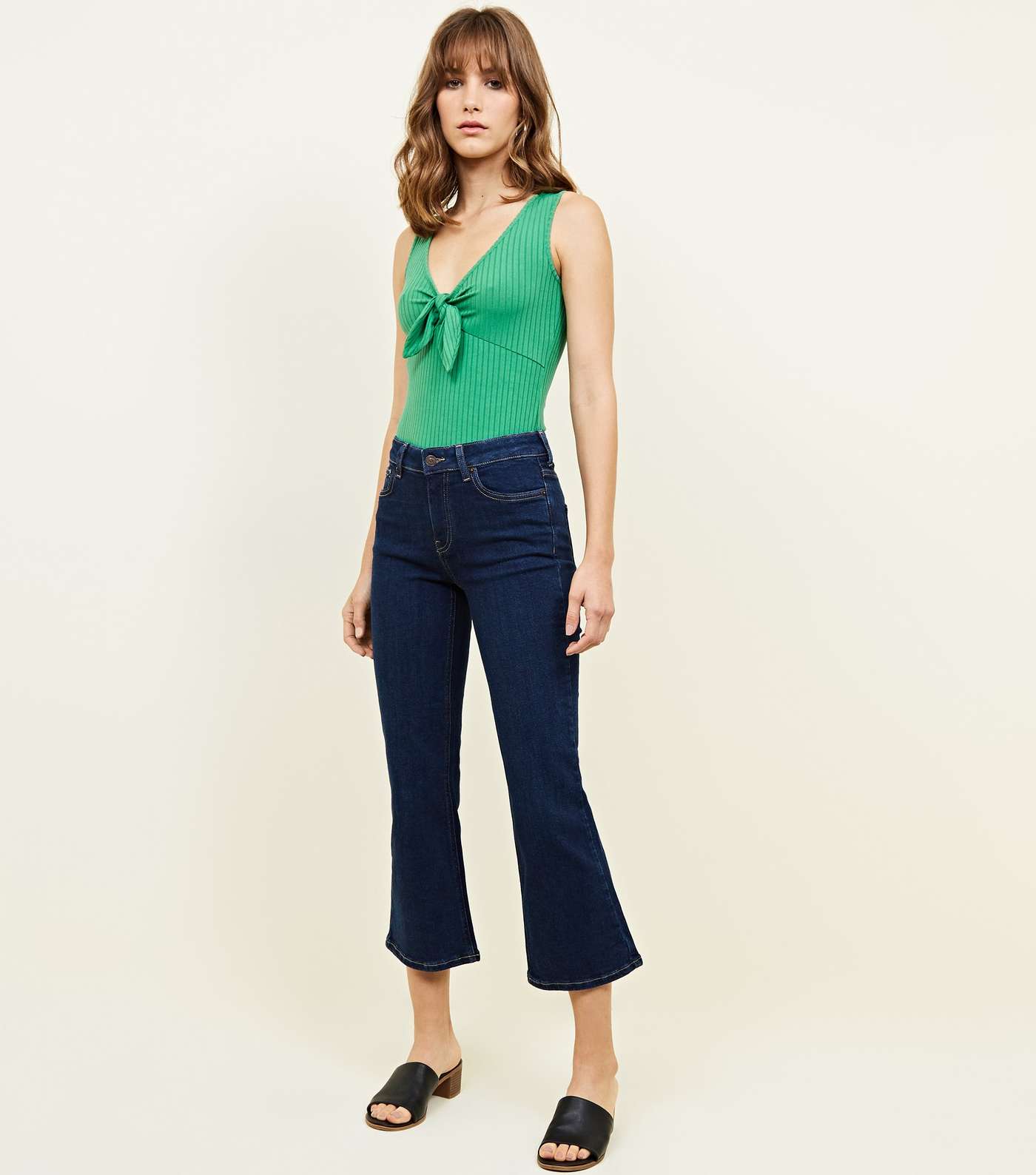 Green Ribbed Tie Front Sleeveless Bodysuit Image 2