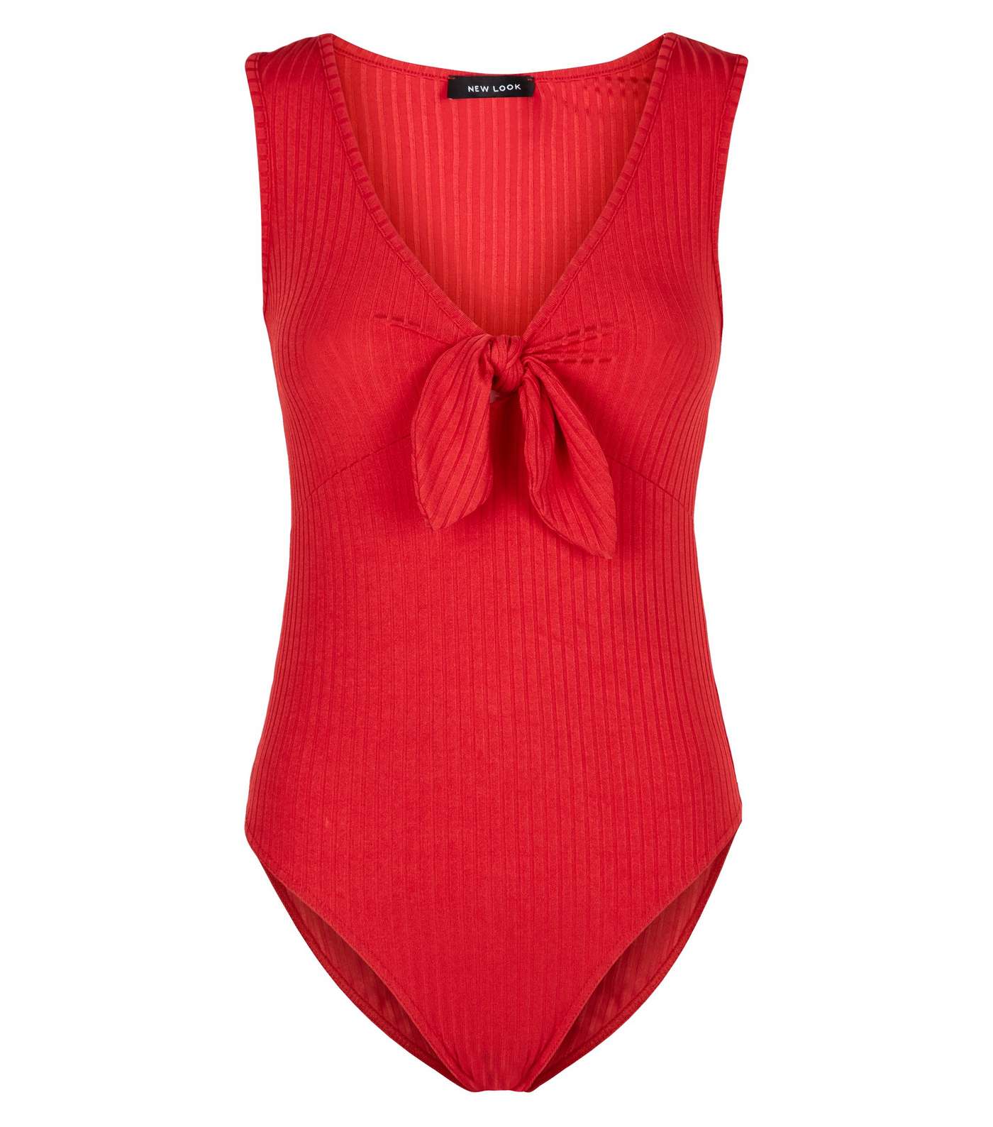 Red Ribbed Tie Front Bodysuit Image 4