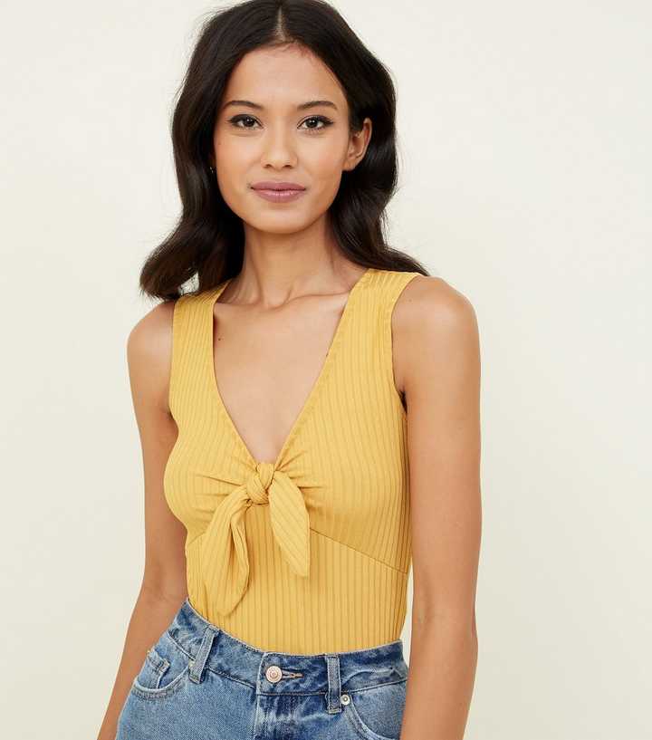 Mustard Ribbed Tie Front Sleeveless Bodysuit
