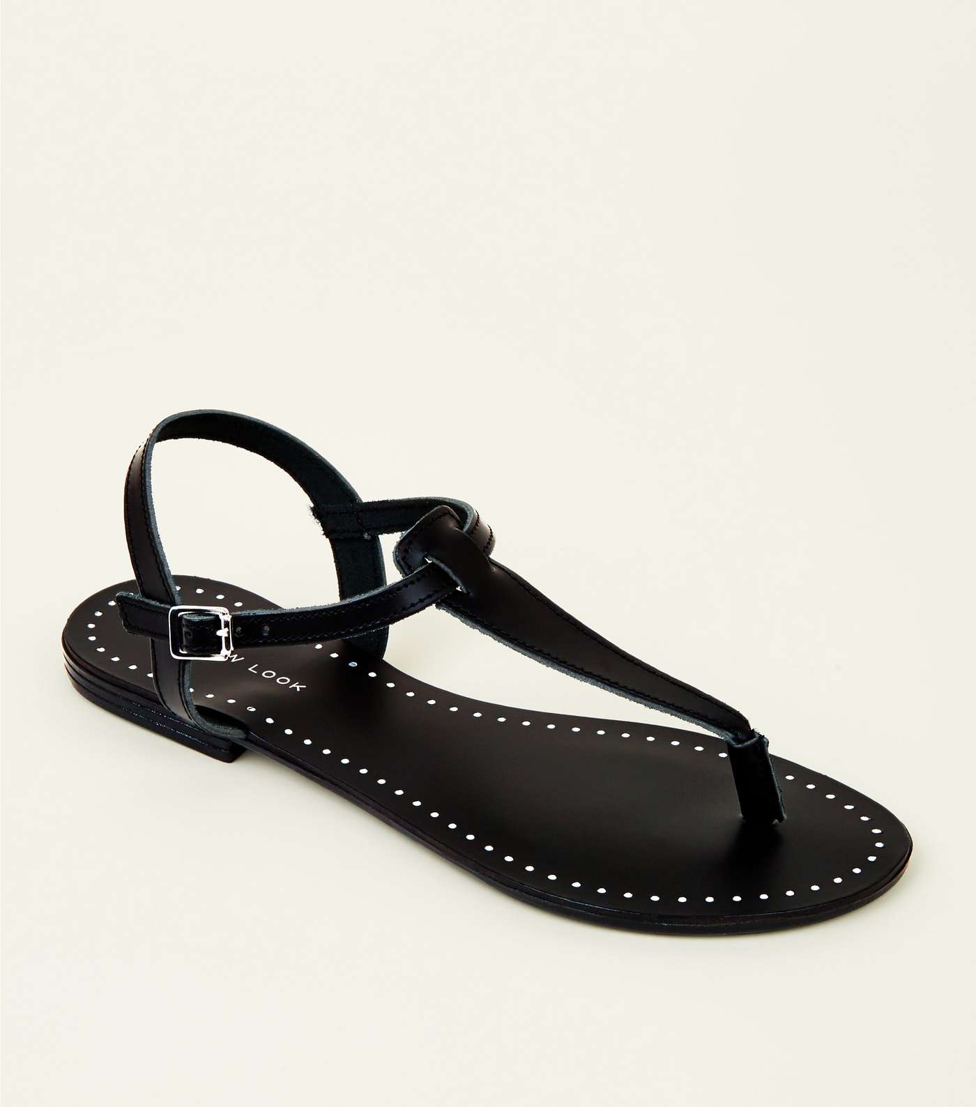 Black Leather Studded Flat Sandals