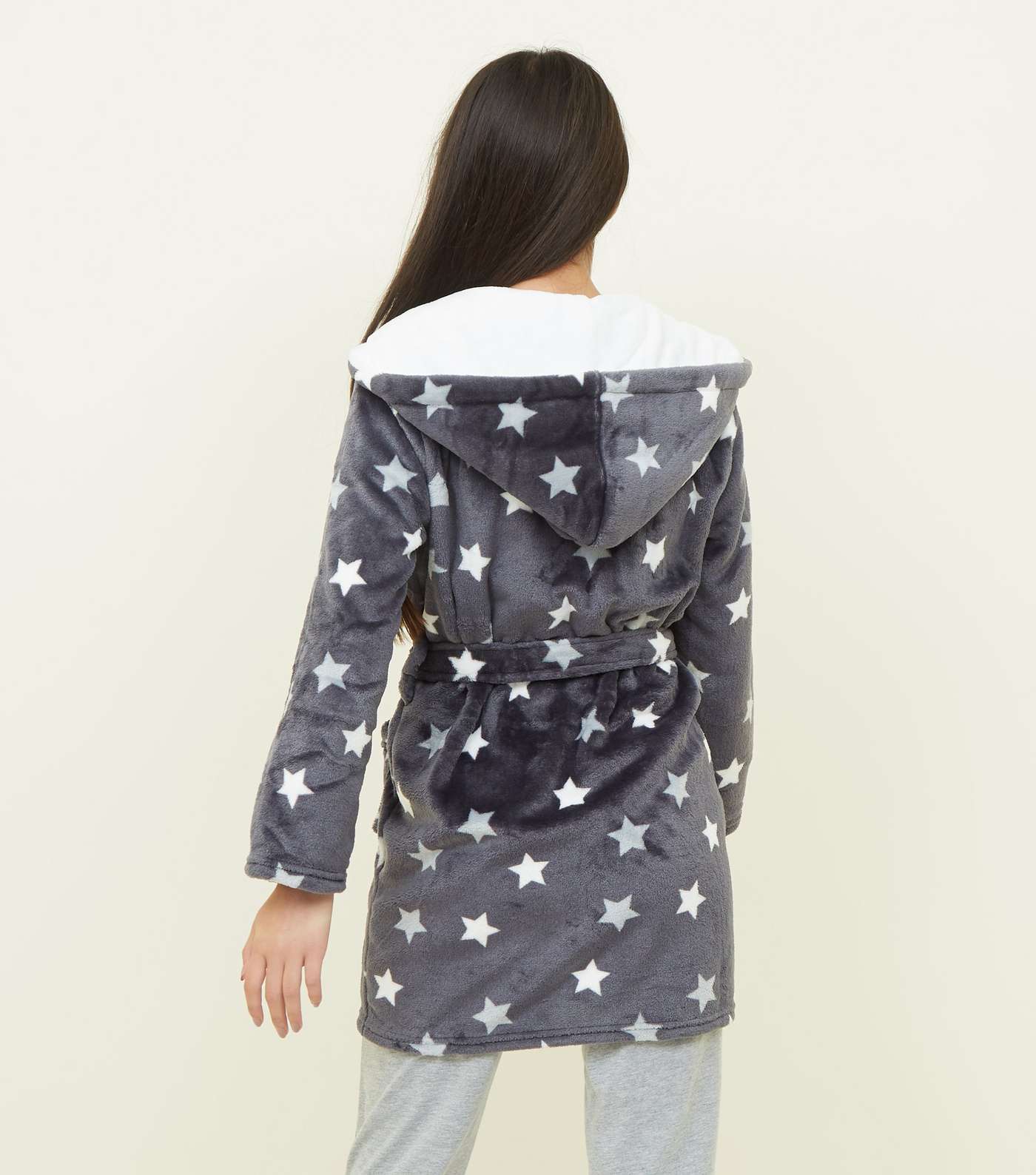 Girls Dark Grey Star Print Fluffy Hooded Robe Image 3
